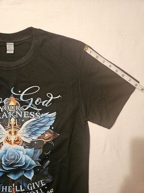 Black Graphic Short Sleeve Tee with Blue Rose and Wings - Unbranded